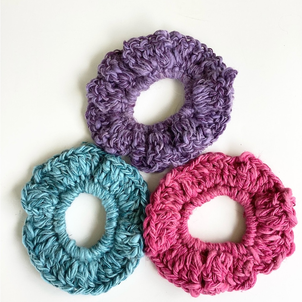 Hair Accessories Scrunchies Hand Crafted Mohair Silk Blue Purple Mauve Crochet - Picture 4 of 11